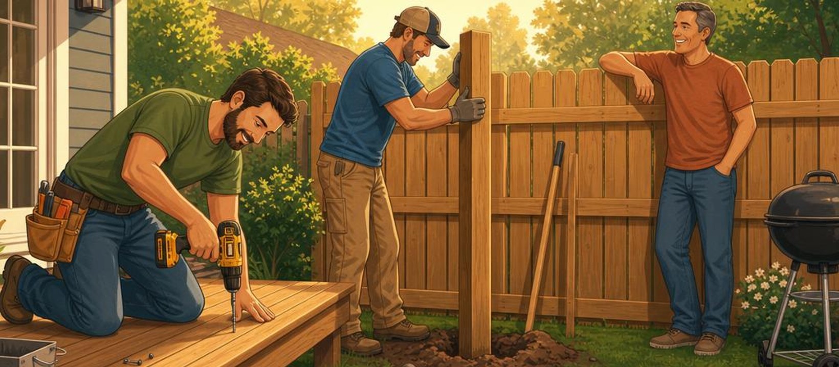 Friendly carpenters building a backyard deck and setting a fence post in golden evening light