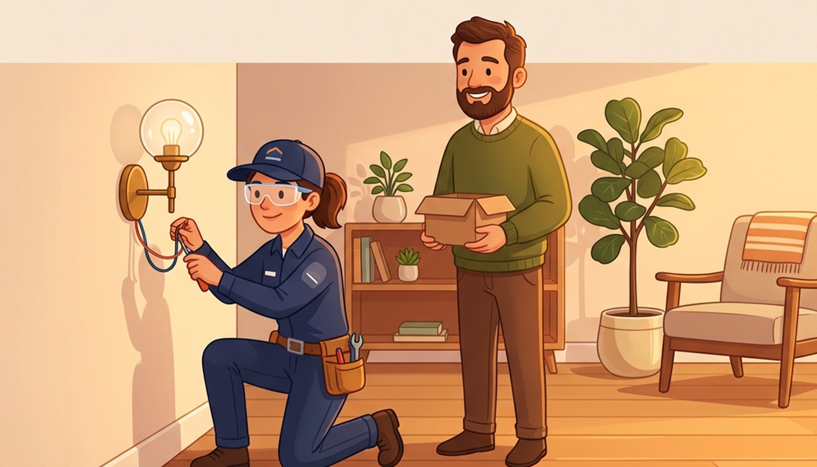 A friendly local electrician installing a ceiling light while the homeowner assists