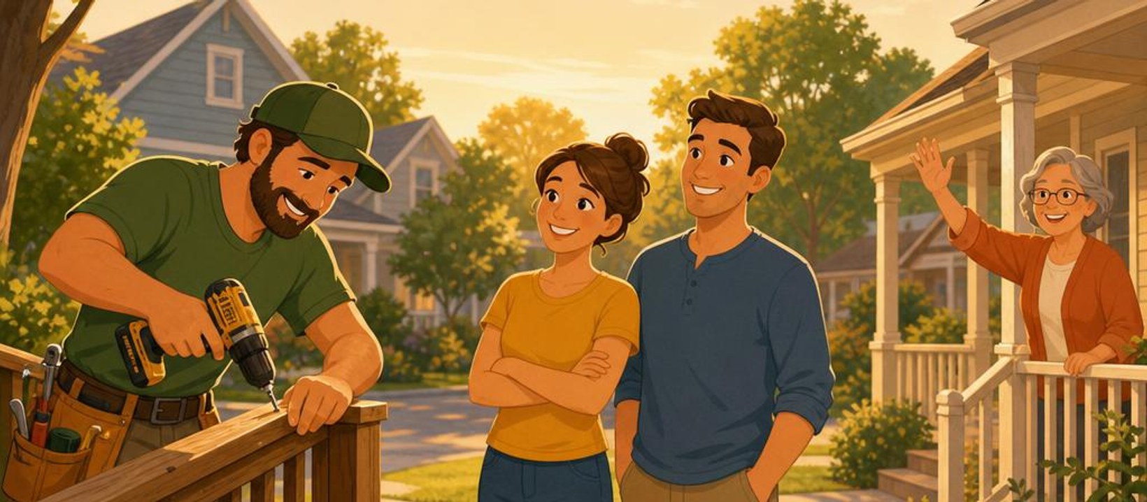 A friendly local handyman repairing a porch railing while neighbors look on
