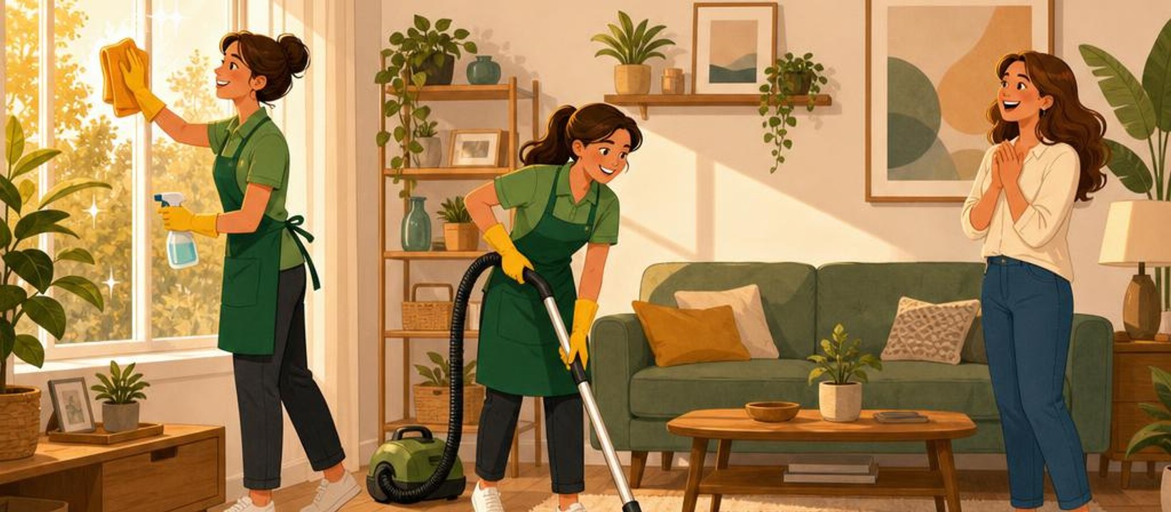 A friendly house cleaner brightening a sunny living room while the homeowner smiles