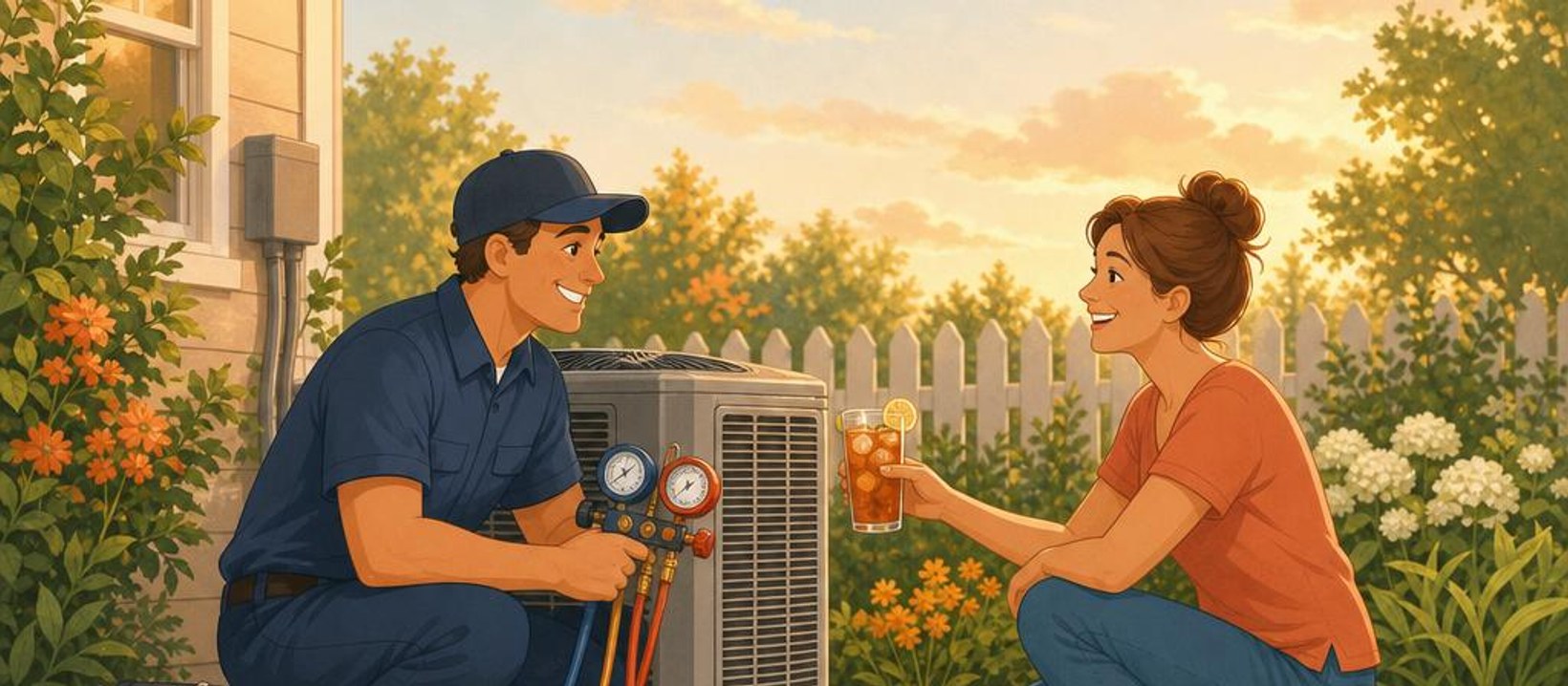 A friendly HVAC technician servicing an outdoor air conditioning unit beside a home