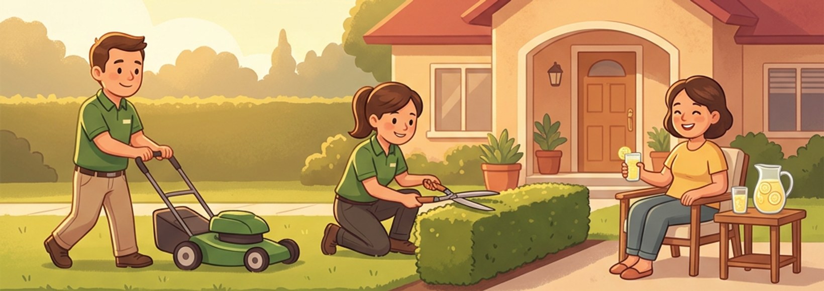 Friendly local workers mowing a lawn and trimming hedges in a sunny yard