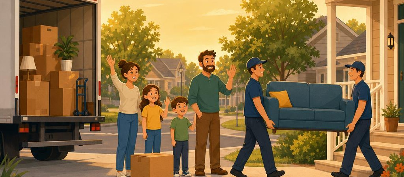 Two friendly movers carrying a couch from a truck while the family looks on