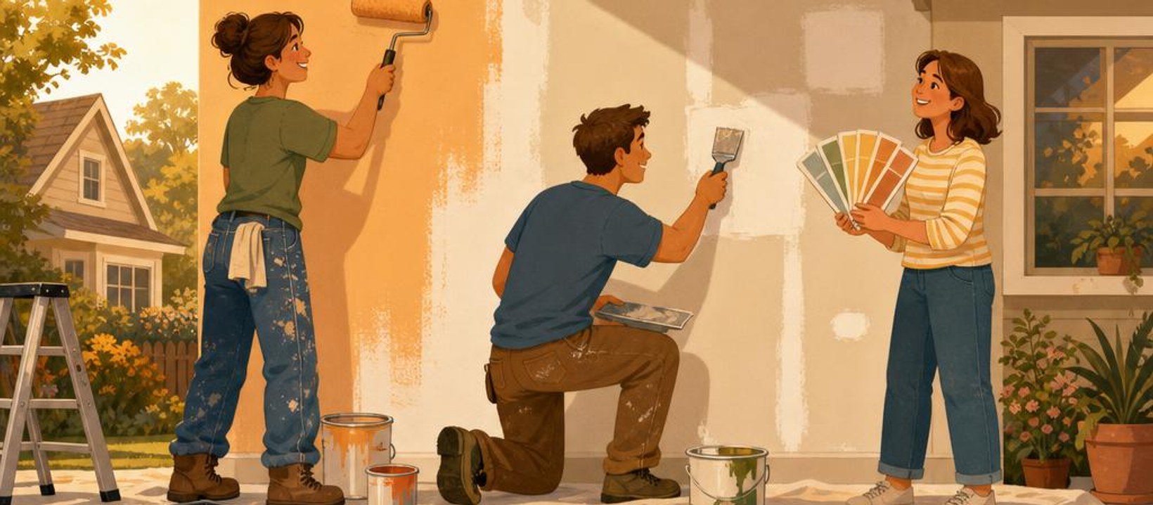 A cheerful painter rolling fresh paint onto a wall while the homeowner admires the color