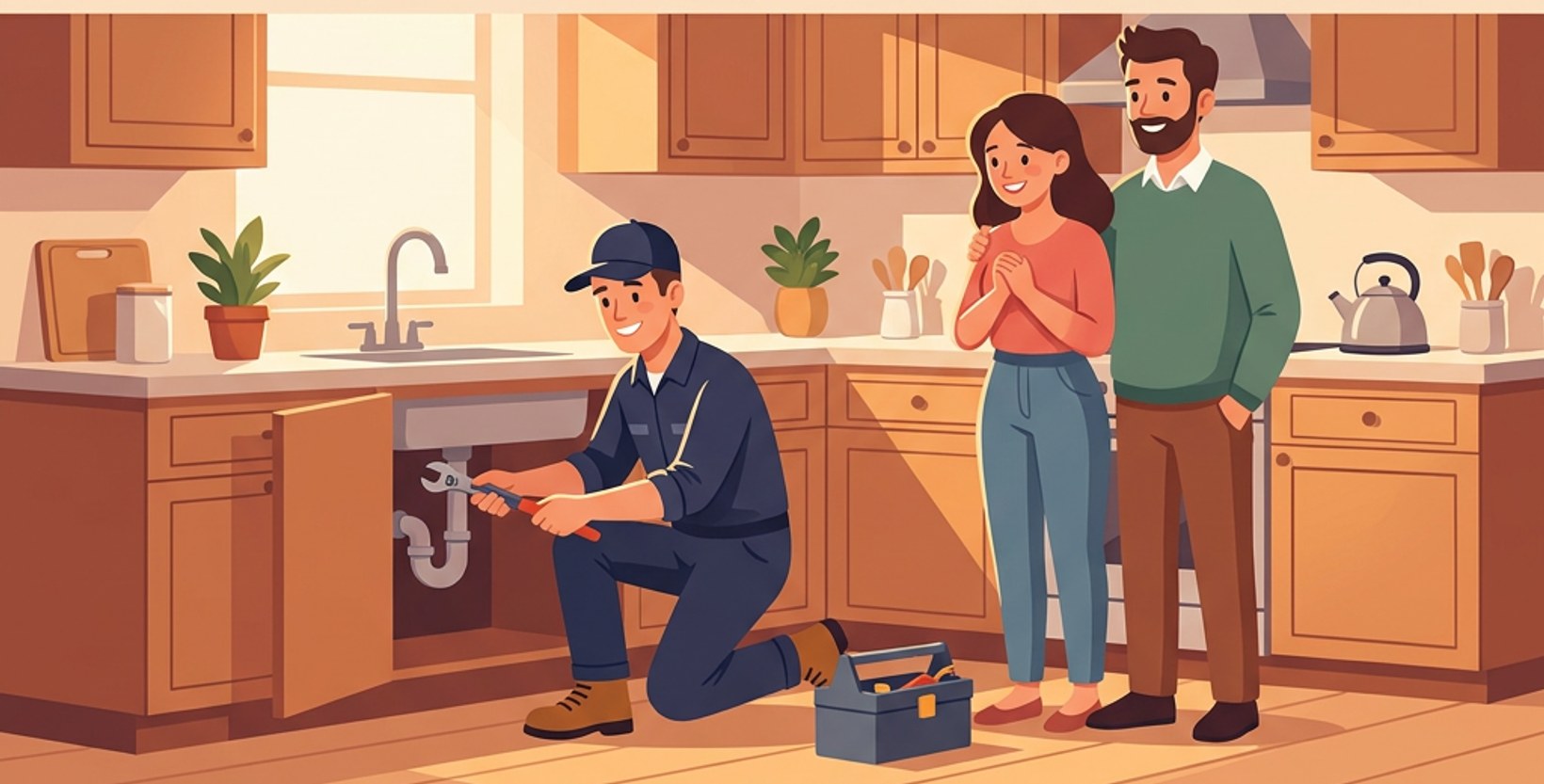 A friendly local plumber fixing a kitchen sink while homeowners look on