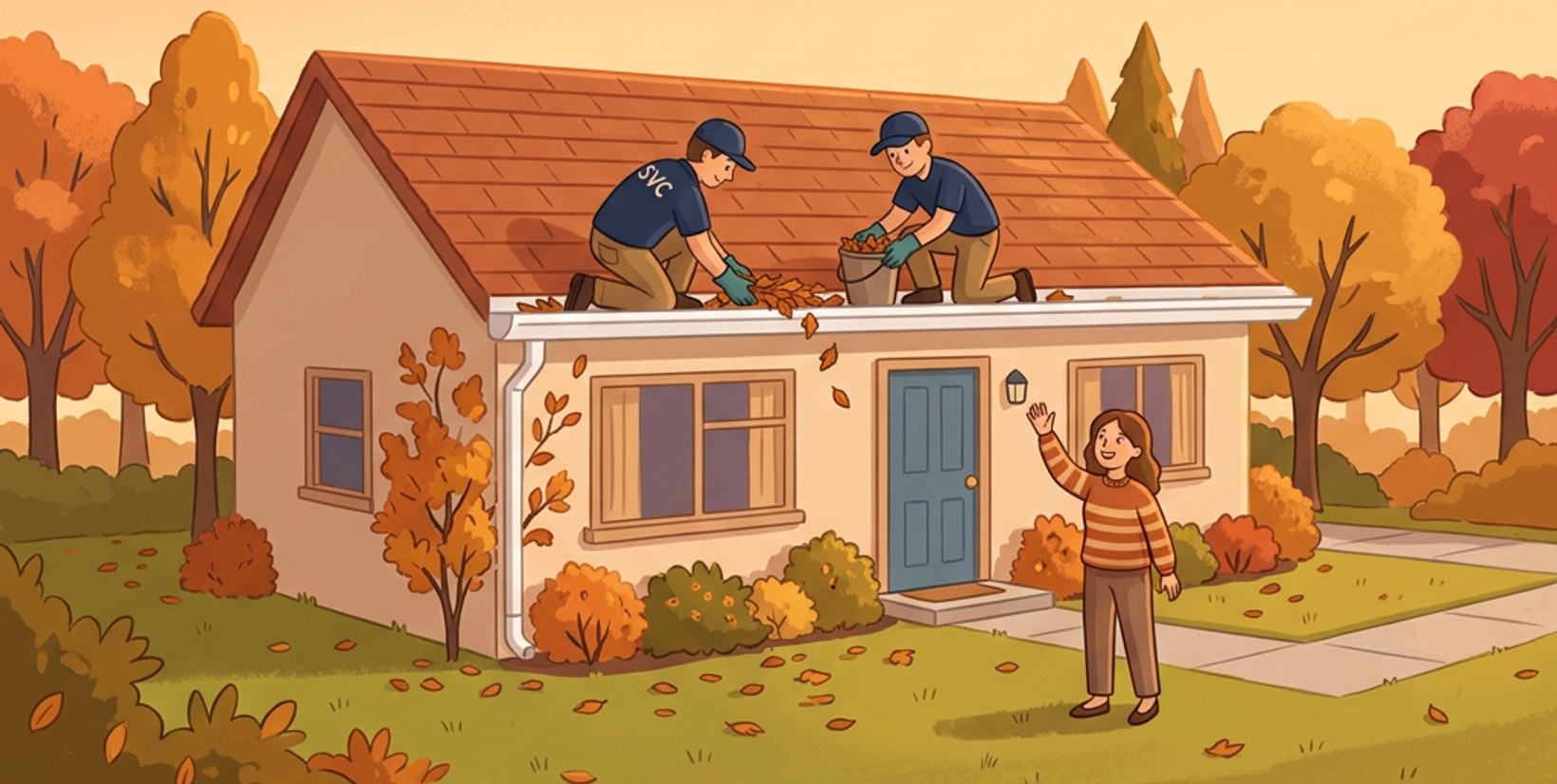 A friendly roofer clearing leaves from a gutter while another inspects the shingles